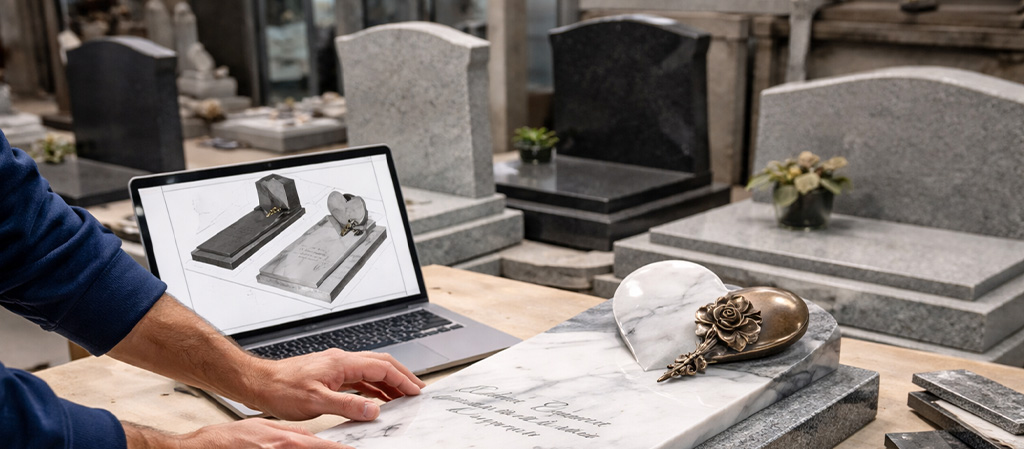 Diseño de lápida personalizada en mármol en taller de arte funerario - Mármoles Tofé 