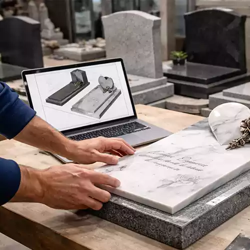 Diseño de lápida personalizada en mármol en taller de arte funerario